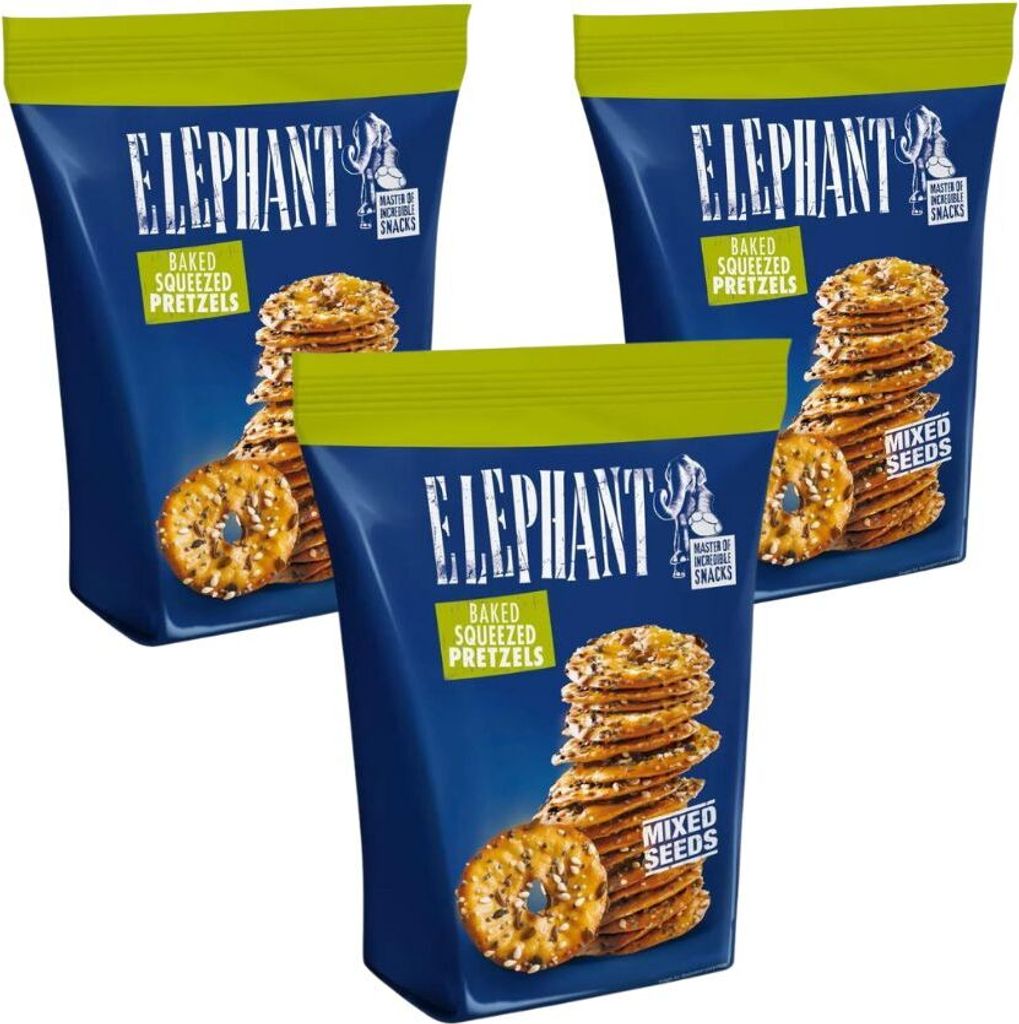 3x Elephant Squeezed Pretzels Mixed Seeds 80g
