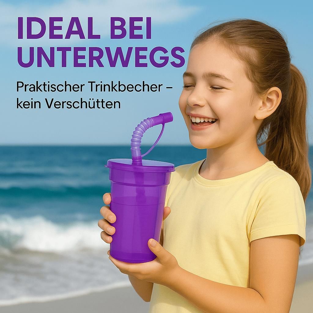 PLLYPE 6er Set Kinder Party Becher - Wiederverwendbare BPA-freie Plastikbecher Mit Deckel & Strohhalmen, 400 Ml