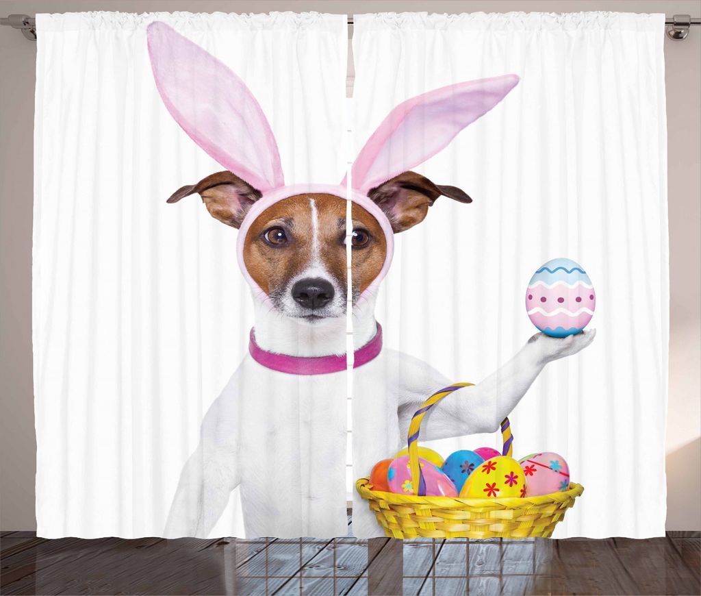 ABAKUHAUS Ostern Rustikaler Vorhang, Hund als Osterhase, Wohnzimmer Universalband Gardinen mit Schlaufen und Haken, 280 x 225 cm, Mehrfarbig