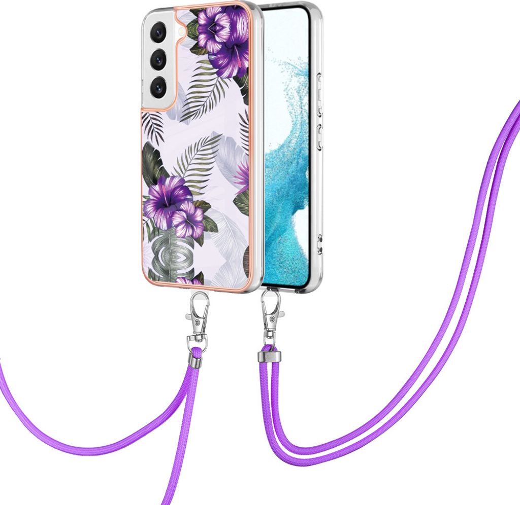 Handykette Hülle für Samsung Galaxy S22 5G Muster TPU Schutzhülle mit verstellbarem Tragegurt Lila