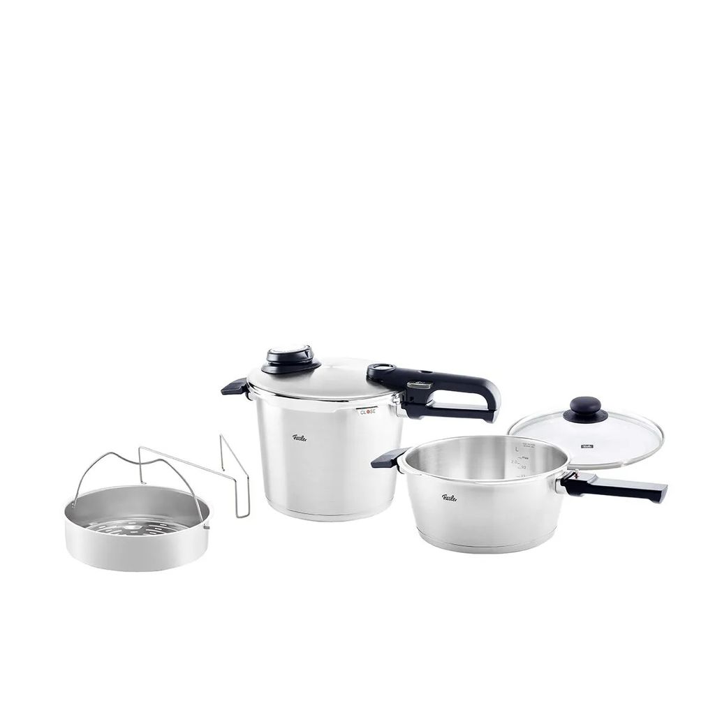 Fissler Vitavit Premium / Schnellkochtopf-Set, 5-teilig (6l - Ø 22 cm & Schnellbratpfanne 3,5l - Ø 22 cm) inkl. Metall-Deckel, Glas-Deckel, Einsa...