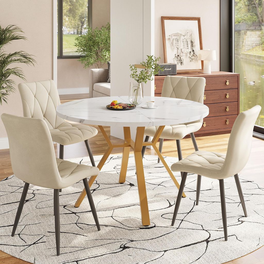 Flieks moderne Essgruppe, Esstisch mit 4 Stühlen, Küchentisch mit goldenen Beinen, Tischgruppe für Esszimmer, Garden, Beige Gold