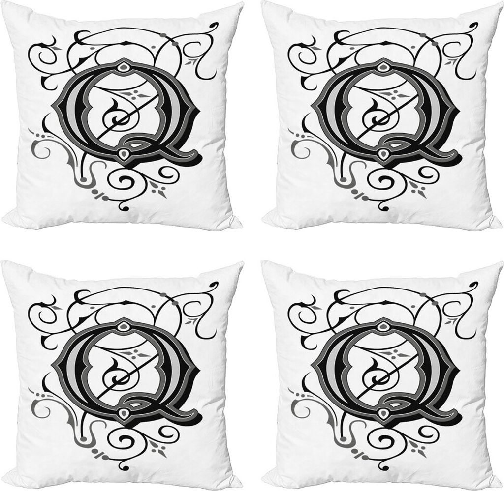 ABAKUHAUS Buchstabe Q Kissenbezug Set (4 Stück), Gothic Q-Blumen-Kunst, Moderner Doppelseitiger Digitaldruck, 45 cm x 45 cm, Schwarz, Grau, Weiß