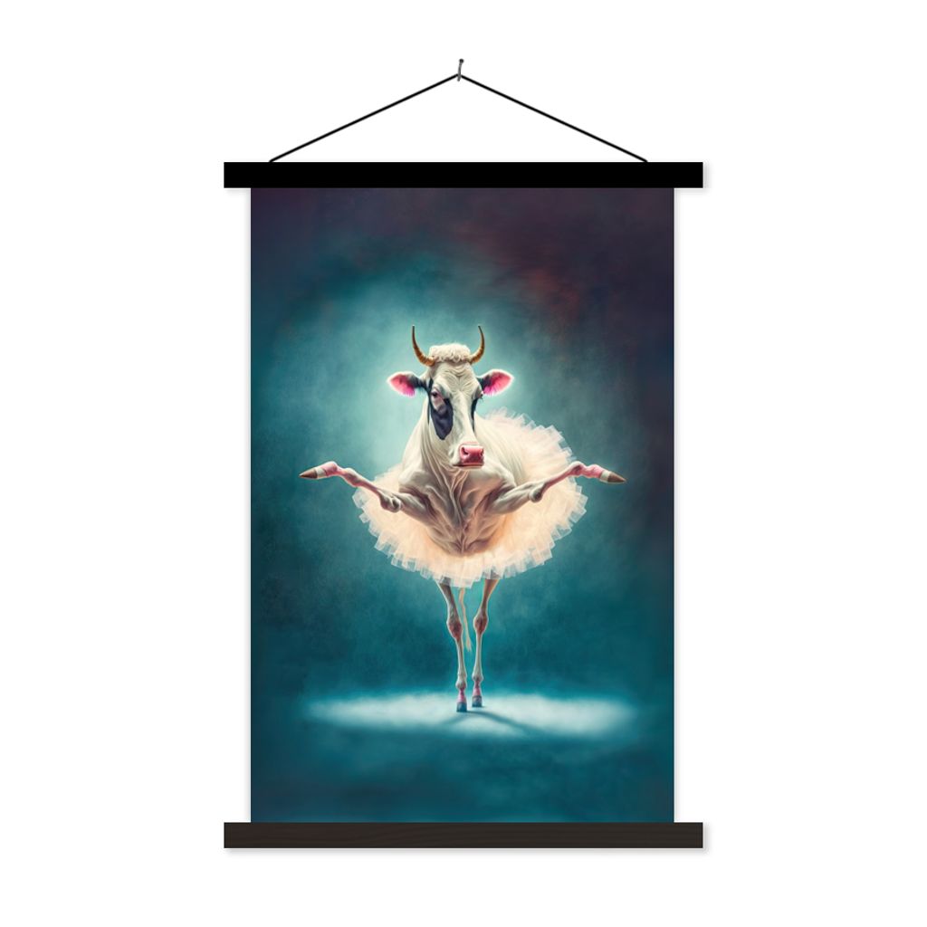 MuchoWow Textilposter Kuh - Rock - Ballett - Tiere - Porträt - Kinder 60x90 cm mit schwarzem Rahmen - Poster Wohnzimmer