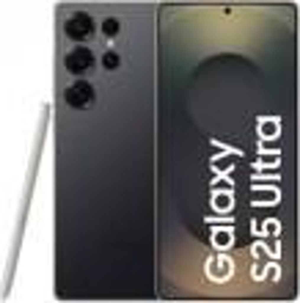 A Samsung Galaxy S25 Ultra smartphone with its stylus is shown against a white background. The phone's rear camera array is visible, and the screen displays marketing text.