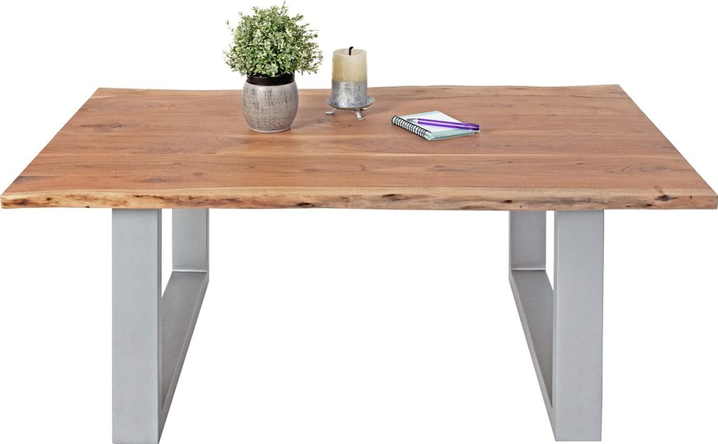 Couchtisch 140 x 75 cm Insa, echte Baumkante, Akazienholz naturfarben, massiver Sofatisch, U-Metallgestell Silber, Baumkantentisch 26mm Platte