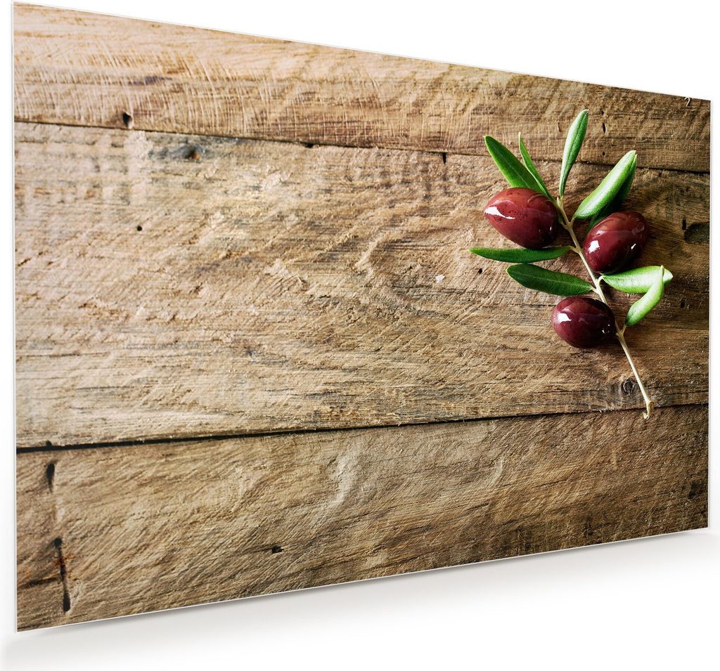 Glasbild Wandbild Olivenzweig auf Holztisch 60x40cm in XXL für Wohnzimmer, Schlafzimmer, Badezimmer, Flur