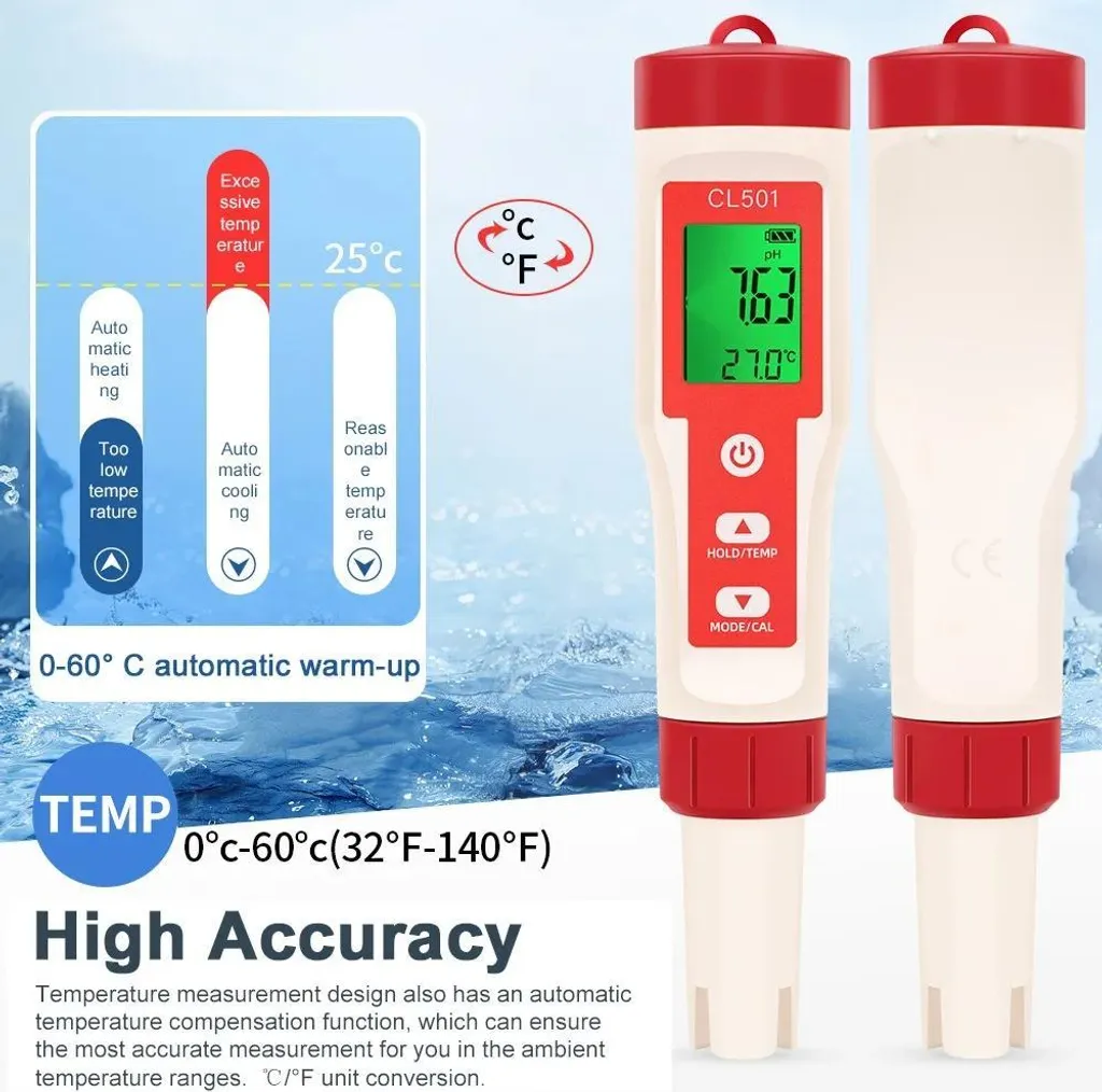 Analyseur d'eau pour aquarium et aquaculture 5 en 1 - pH et Chlore