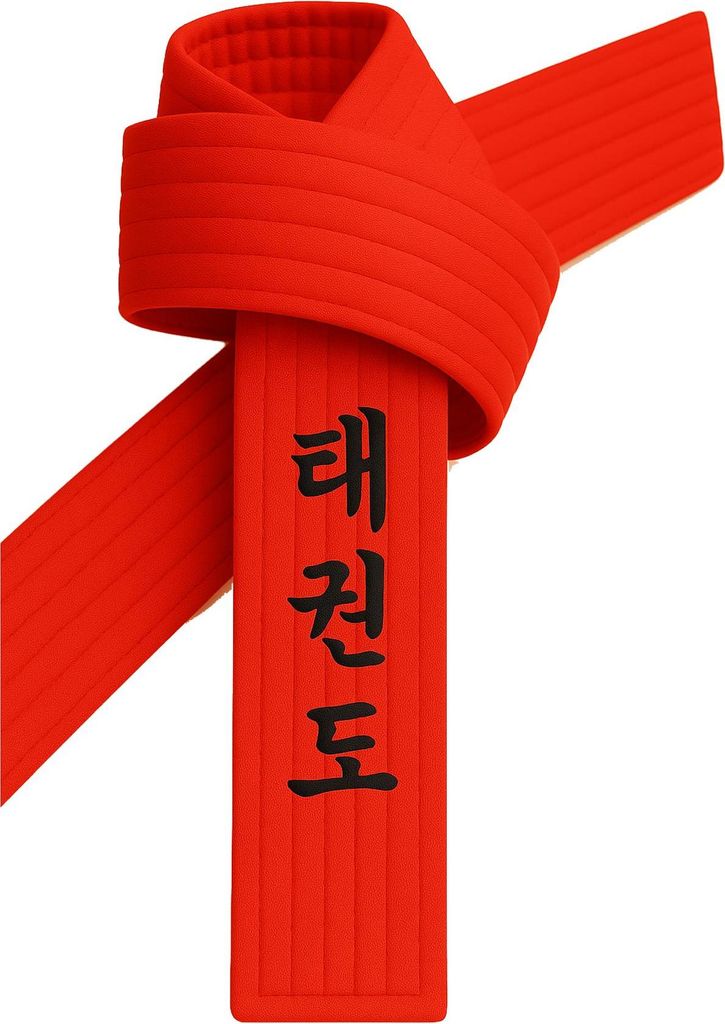 Taekwondo Gürtel Rot bestickt - TKD Schriftzeichen koreanisch - Rotgurt mit Kanji Bestickung - 220 cm Länge