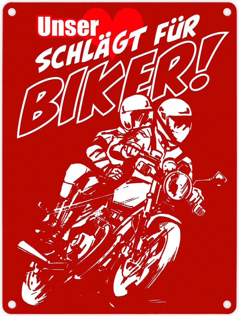 Metallschild in 15x20 cm mit Motorrad in rot Unser Herz schlägt für Biker