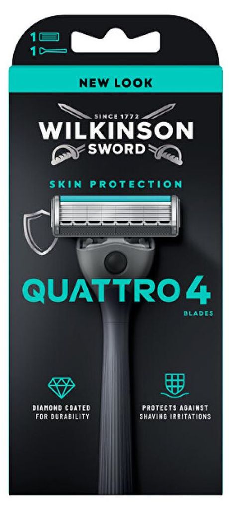Wilkinson Sword Quattro 4 Herrenrasierer mit 4 Klingen, Titan & Diamant, Schutztechnologie, Empfindliche Haut