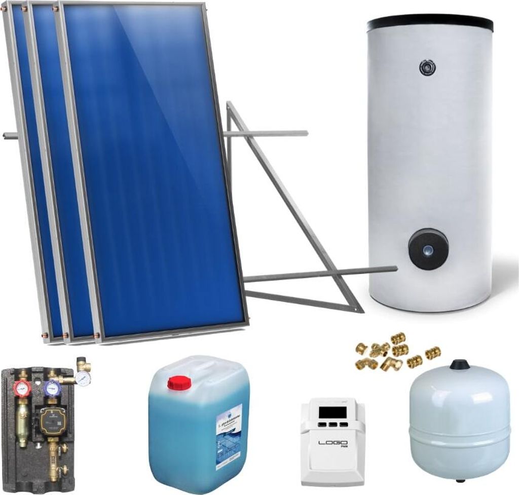 Solaranlage Solarpaket 3 Kollektoren Speicher Flachdach Flachkollektor Speicher