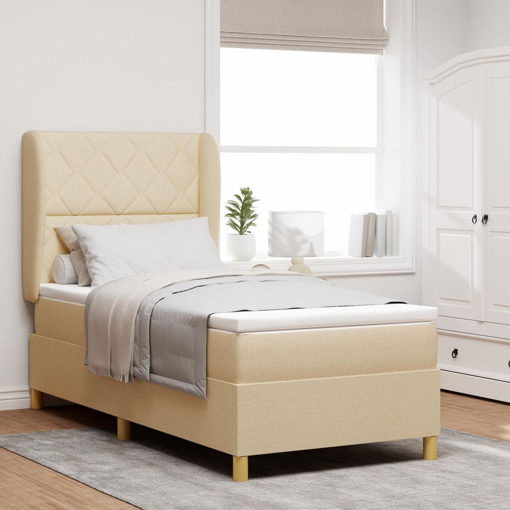 Boxspringbett mit Matratze Creme 100x200 cm Stoff, Design Möbel Klassische Betten Neu