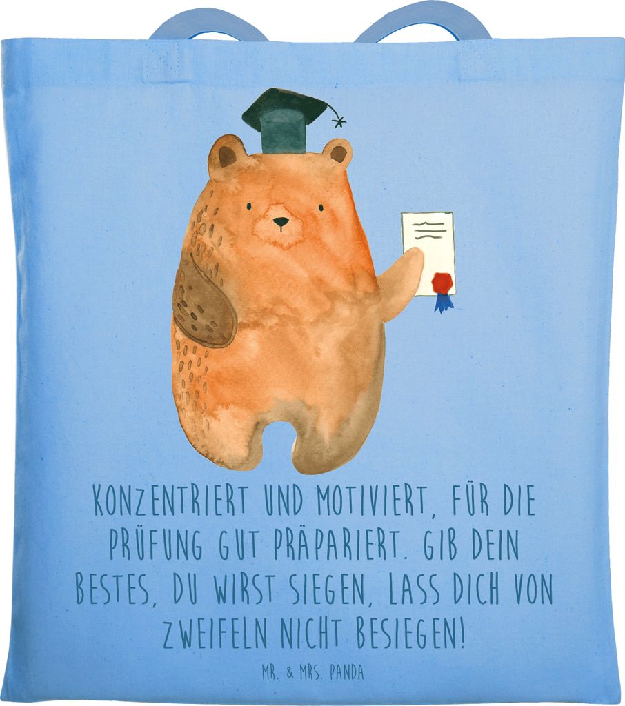 Mr. & Mrs. Panda Schultasche Prüfungen bestehen - Sky Blue - Geschenk, Erfolg, Vertrauem, Stärke, Beutel, Jutebeutel, bestes geben, Laptoptasche,...