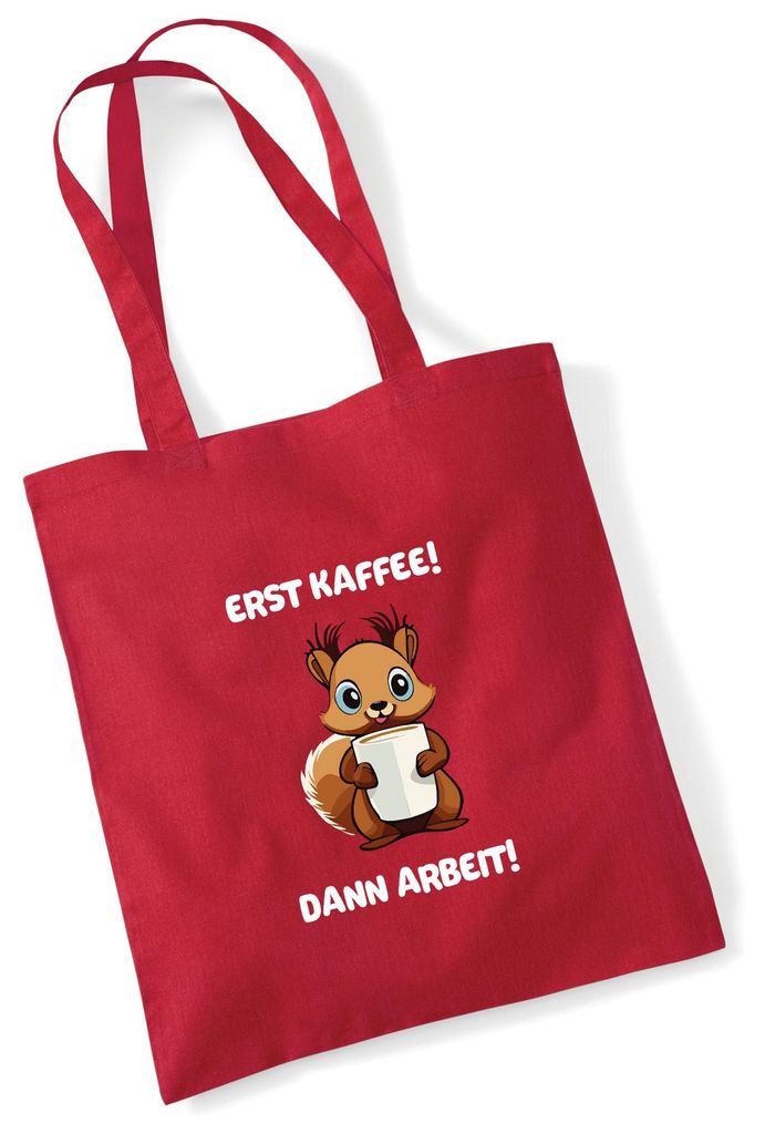 Huuraa Jutebeutel Erst Kaffee dann Arbeit Eichhörnchen 10 Liter Classic Red Baumwolle Tasche Geschenkidee