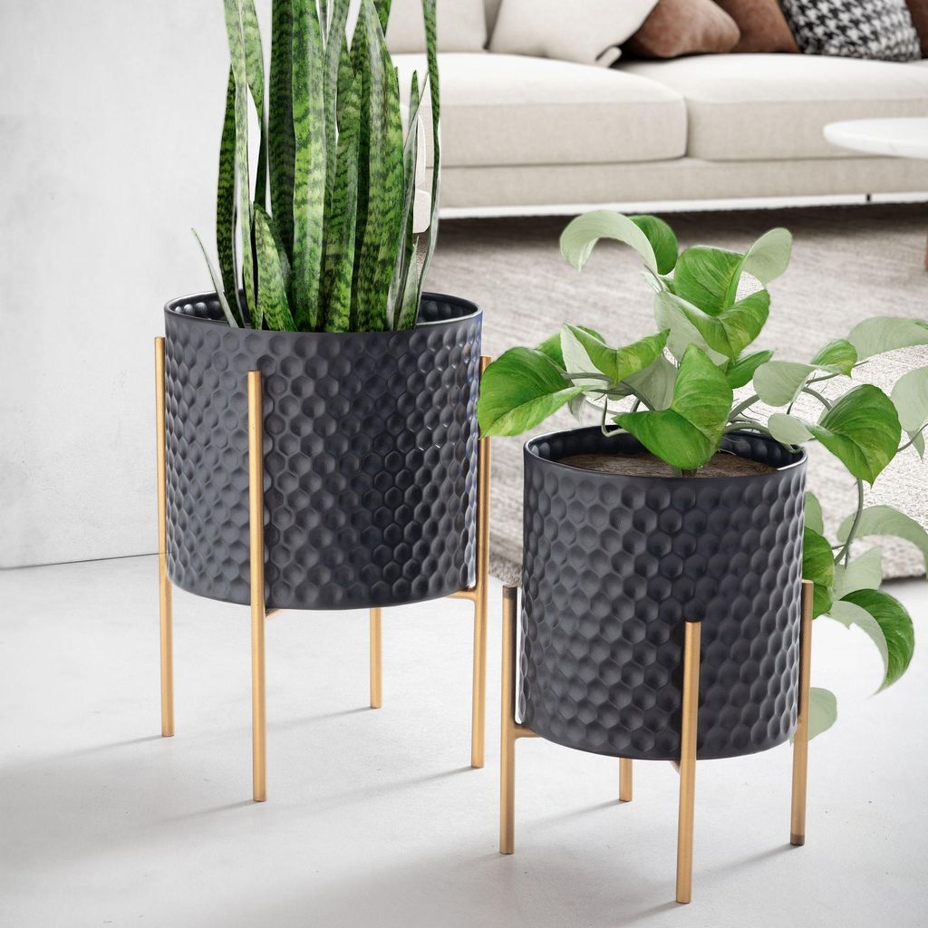 Set di 2 vasi da fiori FineBuy in metallo, nero/oro con Immagine del prodotto 