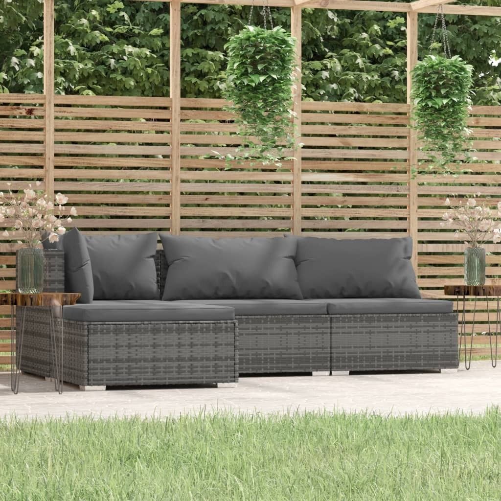 Möbel 4-tlg. Garten-Lounge-Set mit Kissen Grau Poly Rattan - Gartenmöbelgarnituren 317512