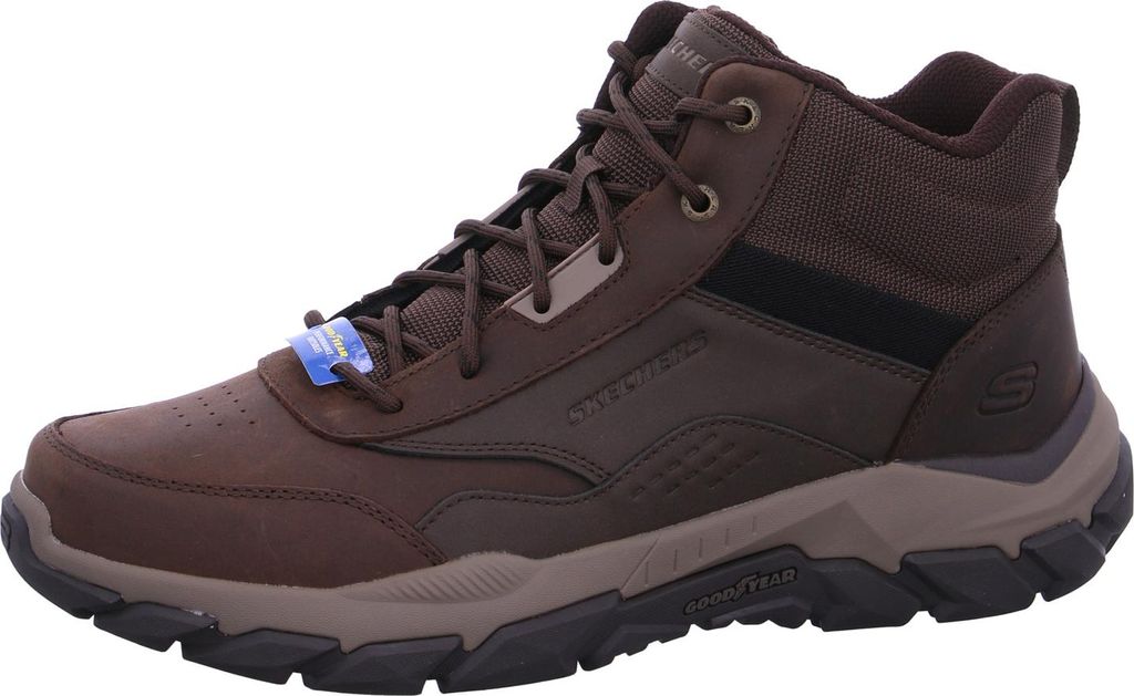 A single brown and black Skechers men's lace-up boot is shown against a white background.
