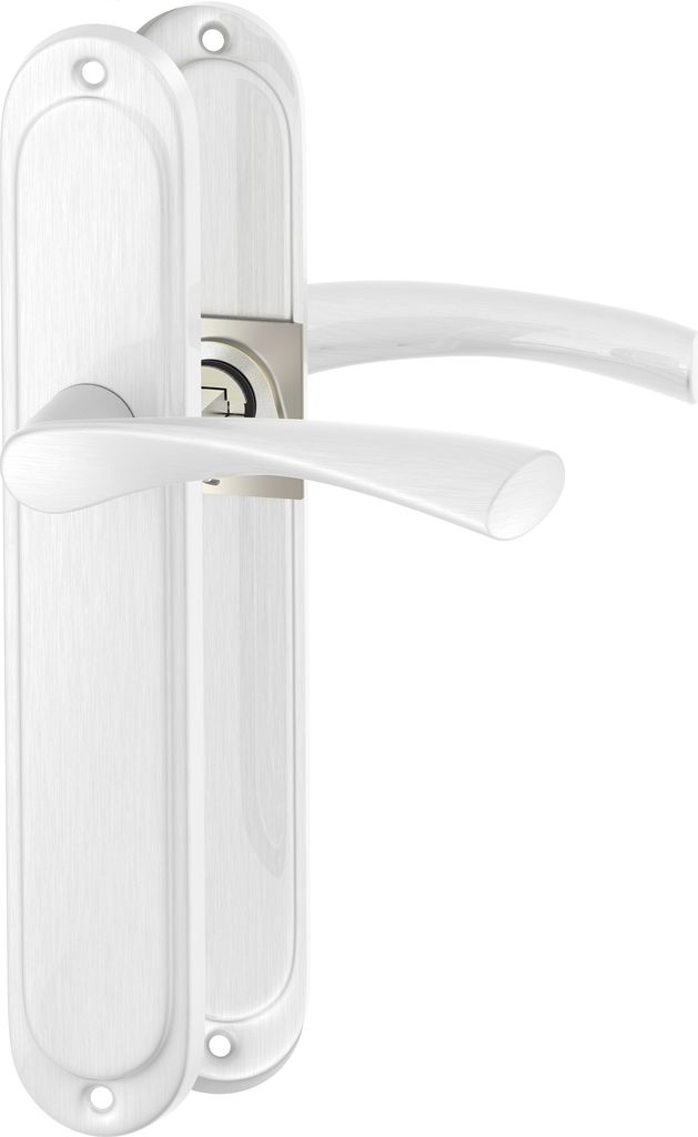 A white door handle set with a silver lock mechanism.