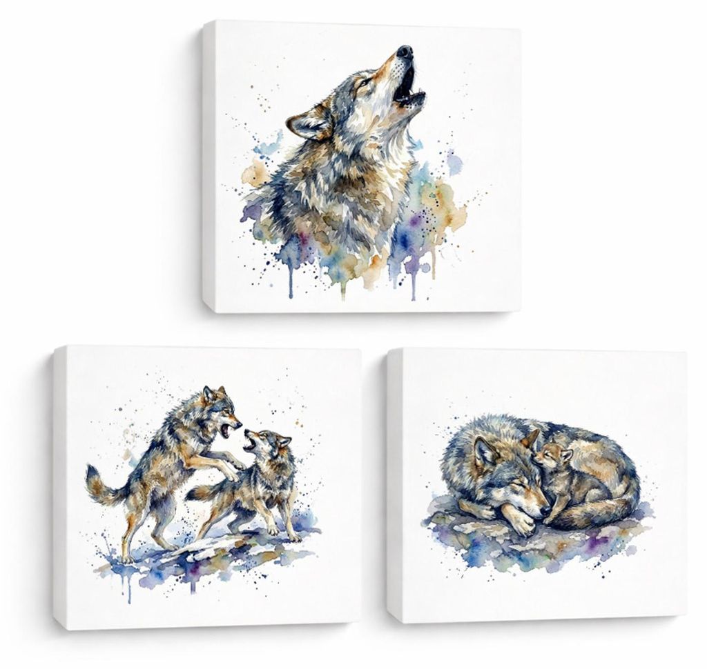 Wolfsrudel 3er Set Holzbilder in 20x20 cm zum Stellen oder Aufhängen er 3er Set