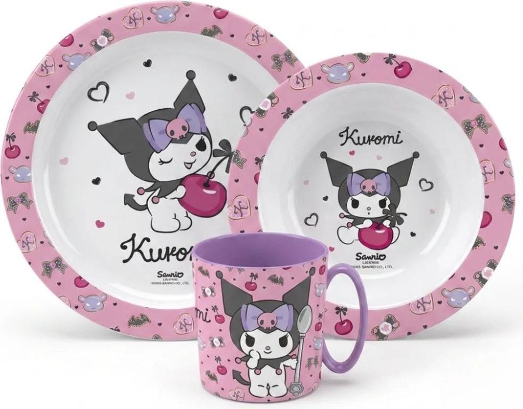 Hello Kitty Kuromi Kinder Geschirr-Set 3 teilig Becher (350 ml) Teller Schüssel