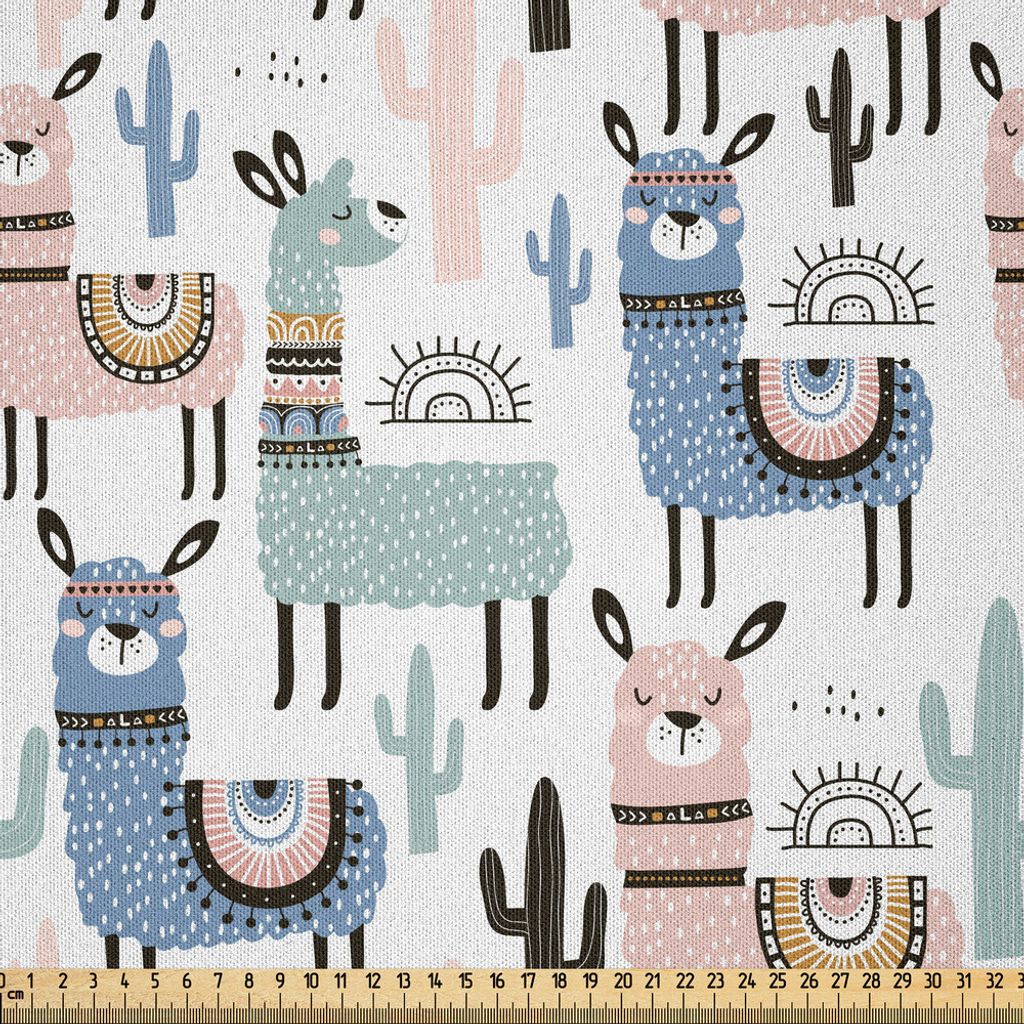 ABAKUHAUS Lama Microfaser Stoff als Meterware , Kinder Cartoon Stil Hand Gezeichnete Südamerikanische Lamas Tiere Alpakas Designs, 10 M (230 x 100...