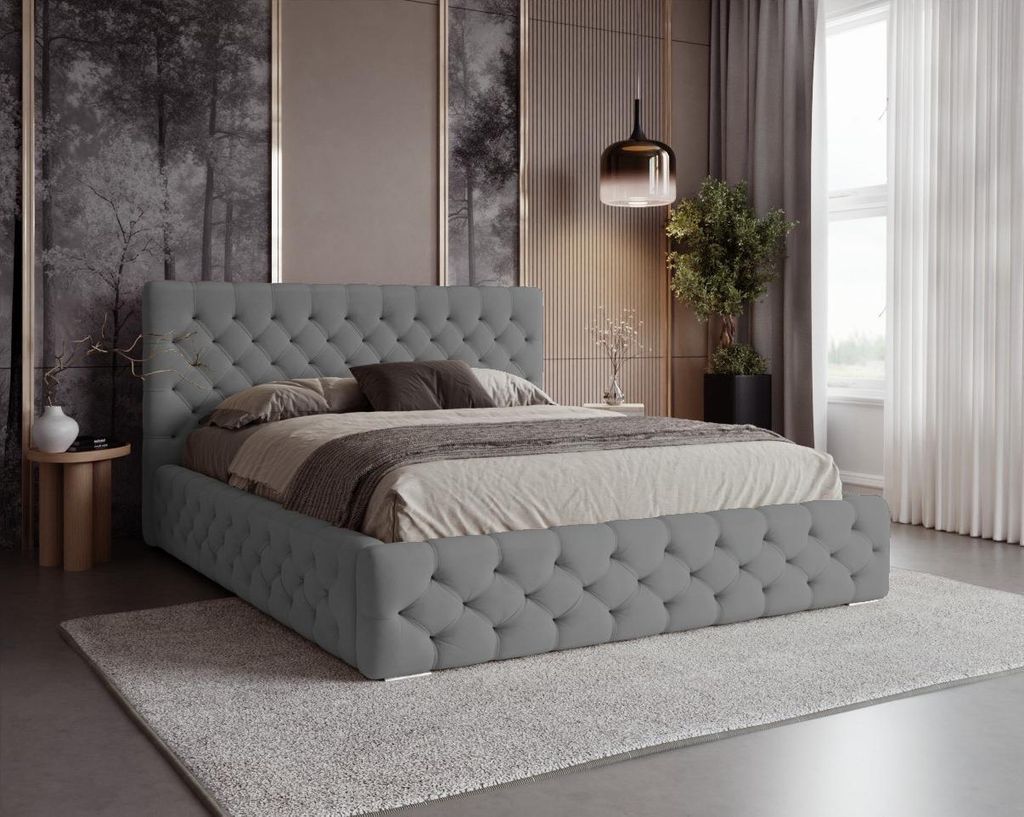 BESILIO Chesterfield Polsterbett 140x200 – Bett mit Bettkasten, gesteppte Knöpfe, elegantes Schlafzimmerbett, Stauraumbett, Velours Look – Grau