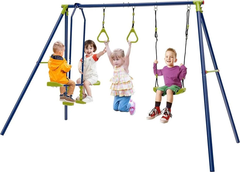 Schaukelgestell für Kinder/Schaukelset - 3-in-1 - Schaukel, Wippschaukel und Turnringe - Metallrahmen - Für Garten/Hof/Park - Mehrfarbig