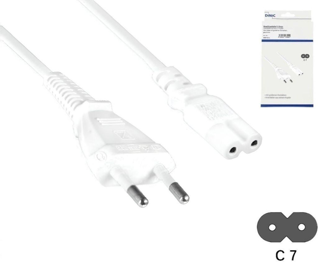DINIC Netzkabel Eurostecker Typ C auf C7, 0,75mm², Eurostecker/IEC 60320-C7, VDE, weiß, Länge 2,00m