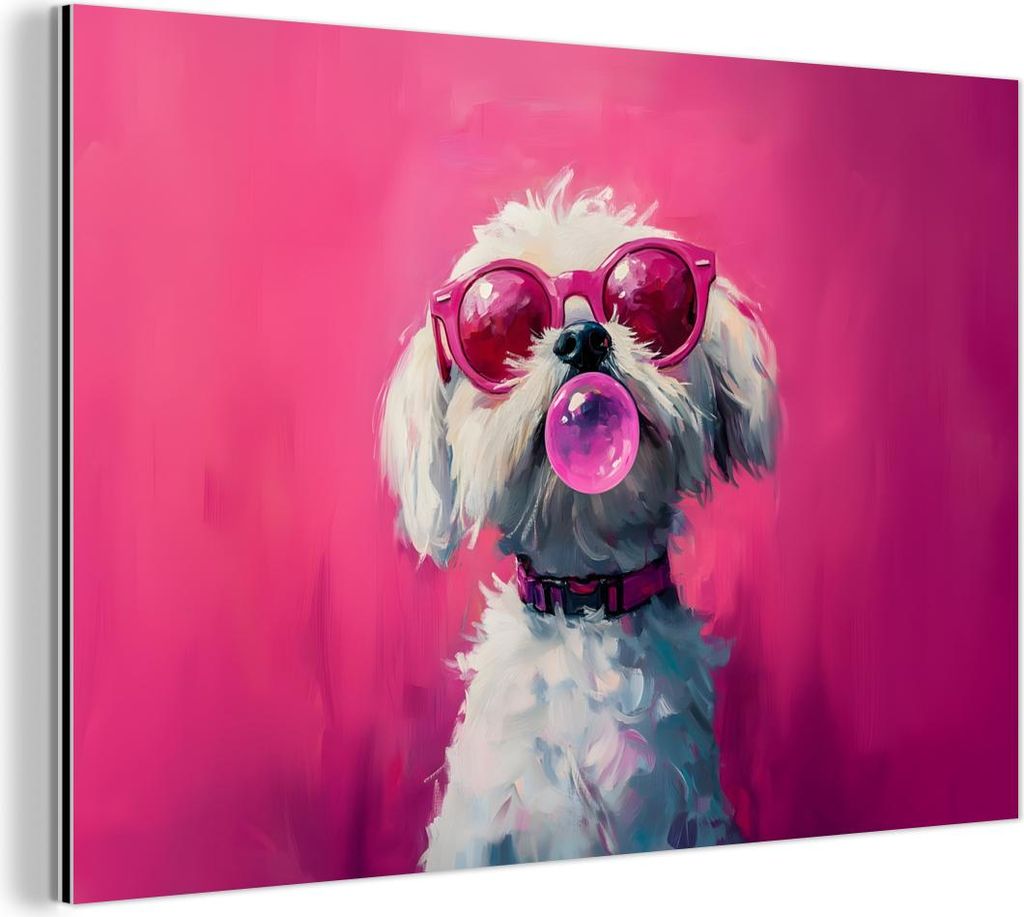 MuchoWow Wanddekoration Metall Metallbild Wandkunst 90x60 cm Rosa - Hund - Blase MuchoWow Aluminium Gemälde - Wandbilder