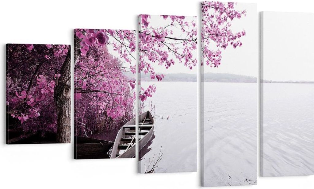 Bild auf Leinwand - Leinwandbild - 5 Teile - See Rosa Bäume - 100x60cm - Wand Bild - Wanddeko - Wandbilder - Leinwanddruck - Bilder - Wanddekorati...