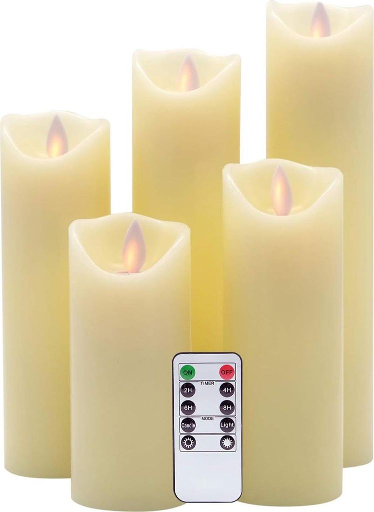 LED-Kerzen, flammenlose Kerzen. 5er-Set (10, 12, 15, 17, 19 cm, Elfenbein), Echtwachs. Mit realistisch flackernden Flammen, Fernbedienung mit 10 Fu...