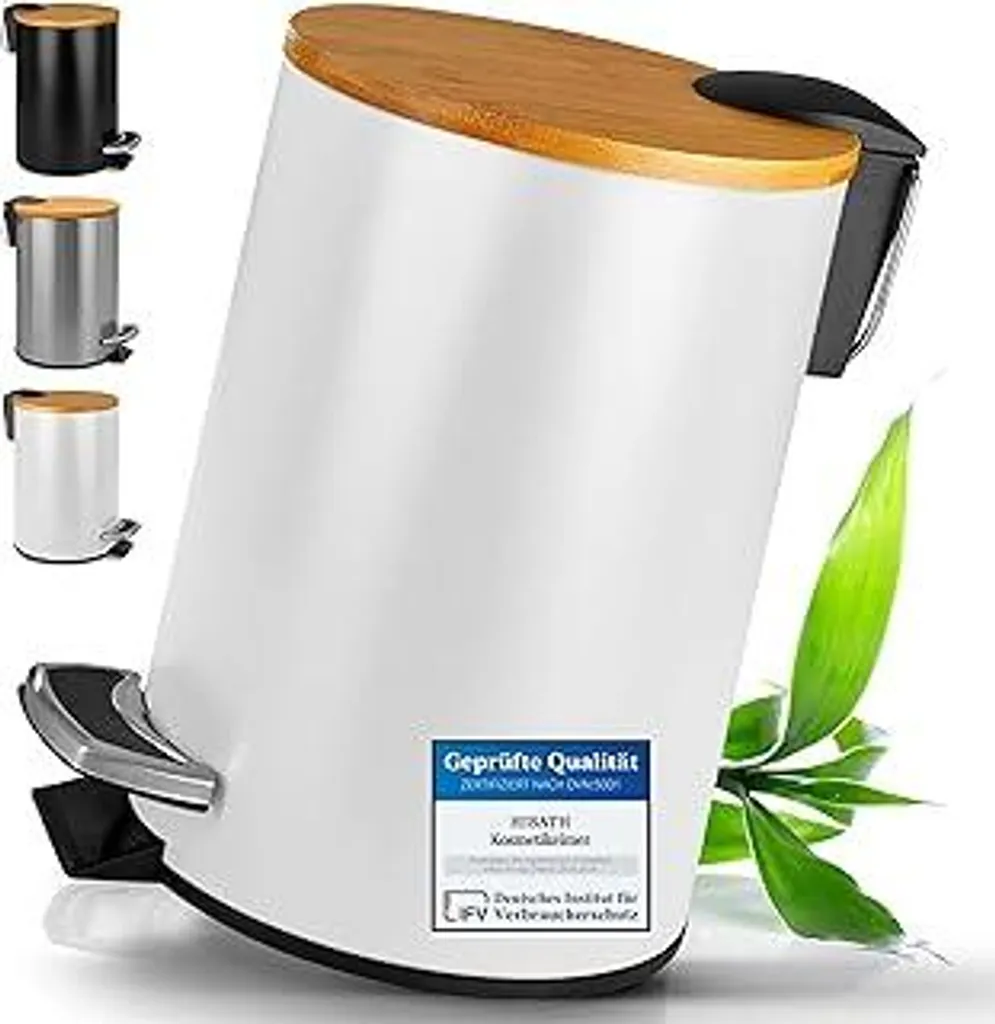 Secchio Cosmetico Nero 5L con Coperchio in Bambù - Pattumiera Bagno Pedale