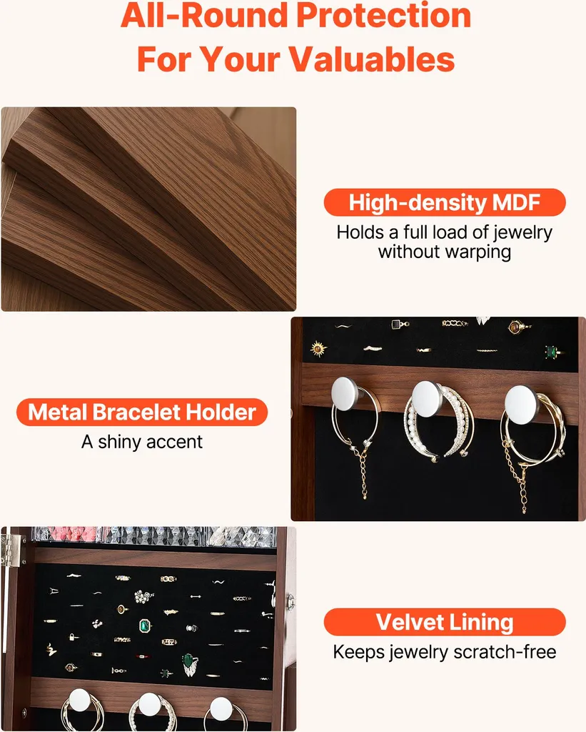 VEVOR Armadio portagioie girevole a 360° (altezza 155 mm) con specchio a figura intera e spazio per riporre i gioielli, organizer per gioielli con 2 chiavi, tasche per accessori e scomparti per riporre i gioielli - 4