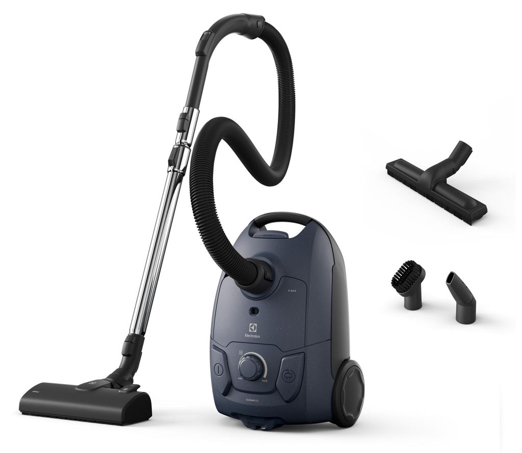 A blue Electrolux bagged hoover with its accessories displayed on a white background.