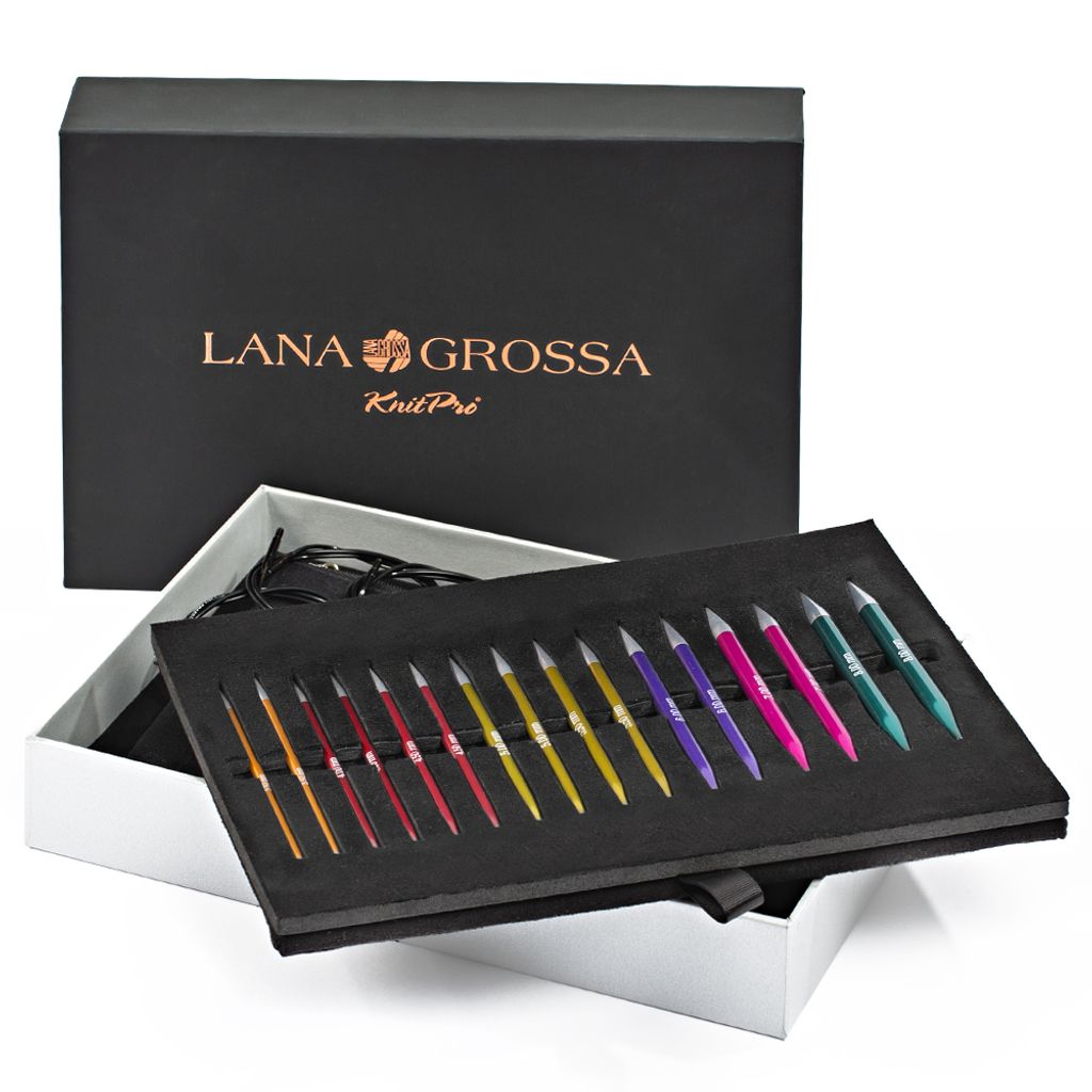 A set of knitting needles in a presentation box.