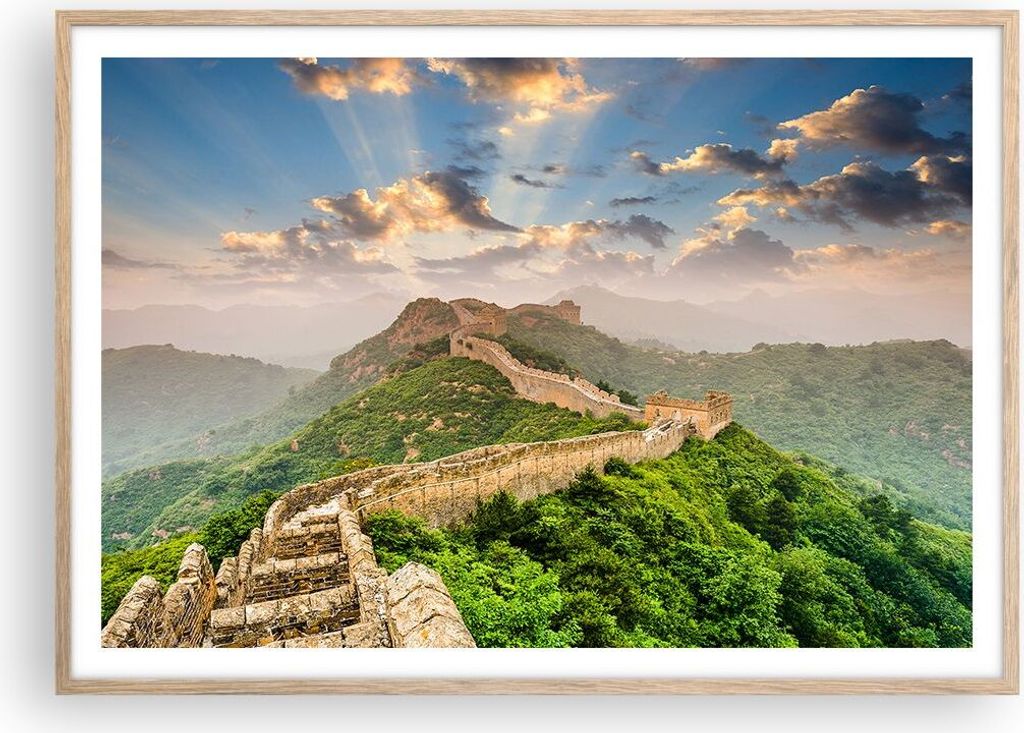 Gerahmtes Poster - Rahmen in heller Eiche - Wand Berg asiatisch china - 100x70 cm - Wand Bild - Wanddeko - Wandbilder - Wandposter - Bilderrahmen -...