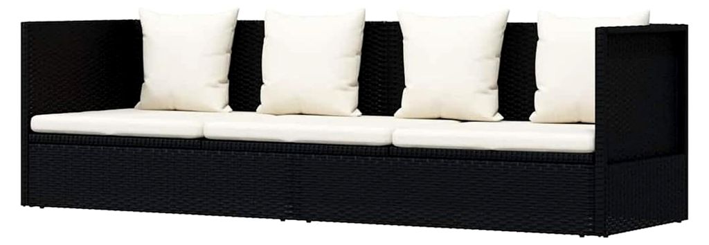 Garten-Schlafsofa Schwarz mit cremefarbenen Kissen | Polyrattan | 200x60x58 cm | Entspannung am Pool