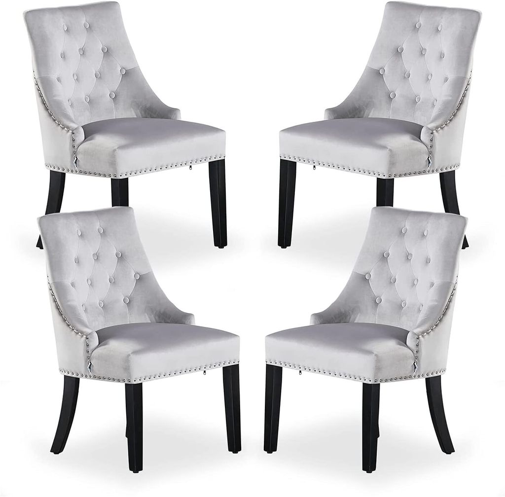 Ensemble de 4 chaises de salle à manger Windsor - Rembourrage en velours moelleux et pieds en bois massif robustes - Gris clair