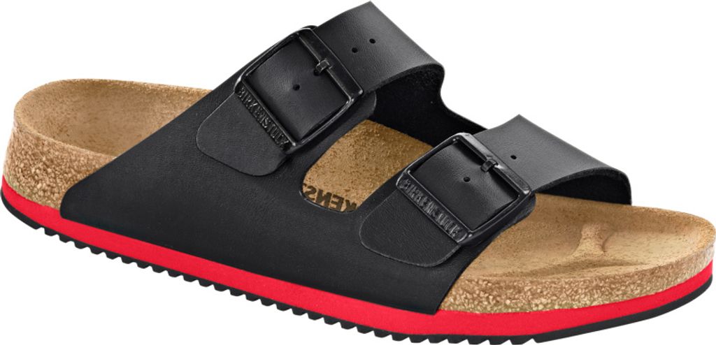 A single black Birkenstock Arizona sandal with a red trim on a white background.