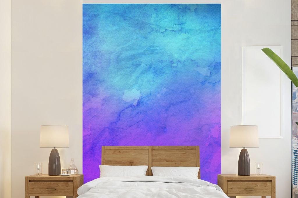 MuchoWow Fototapete für Wohnzimmer oder Schlafzimmer Wandtapete Vinyl Motivtapete Aquarell - Lila - Hellblau - 160x240 cm - Vinyltapete