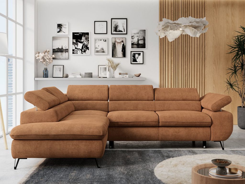 Ecksofa Sofa Orange, Wohnlandschaft L-Form mit Schlaffunktion und Bettkasten, Schlafsofa mit Bettkasten, Sofa mit Einstellbare Kopfstützen, Peter ...