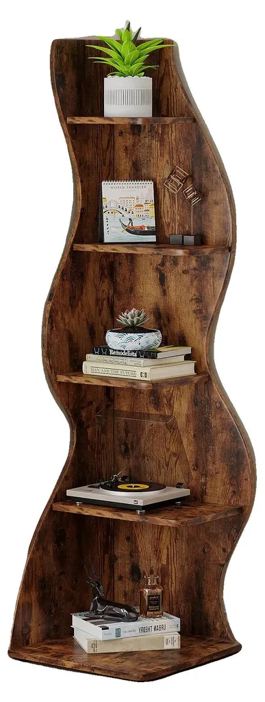 Bibliothèque design ondulé unique 5 étagères en L marron vintage 160cm