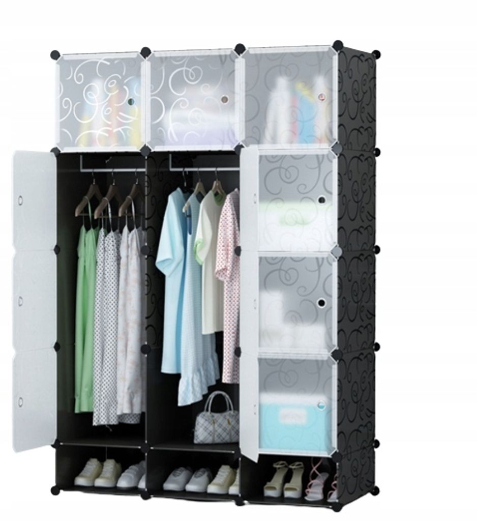 A modular wardrobe with hanging clothes and shoes on display.