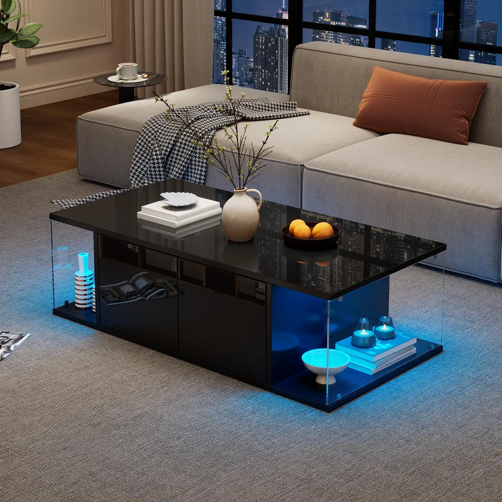 Table Basse Design Noire pour Salon Moderne, Rangement et LED 100cm