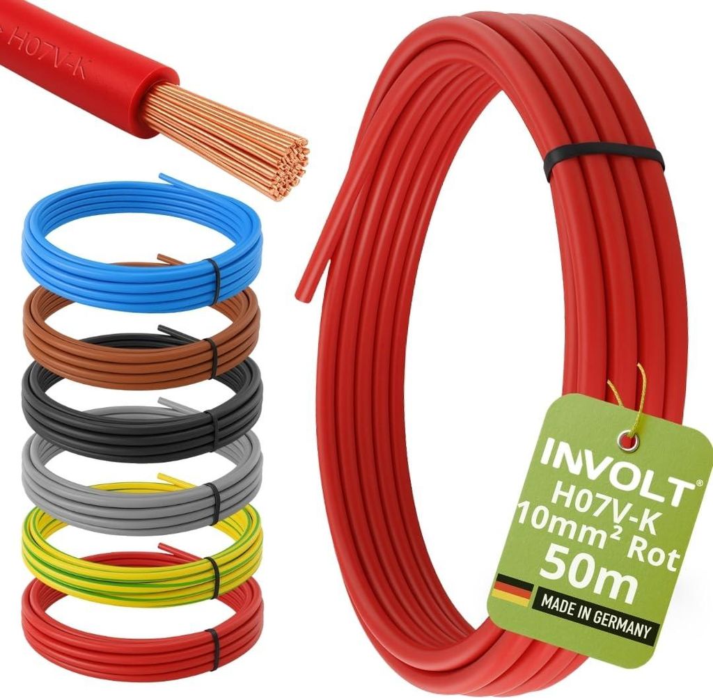 INVOLT H07V-K 50m 10mm² rot Aderleitung flexibel Verdrahtungsleitung , Germany