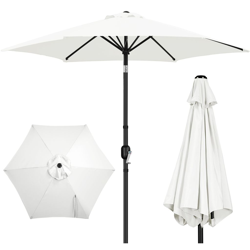 A white patio umbrella is shown in three different views: open, top-down, and closed.