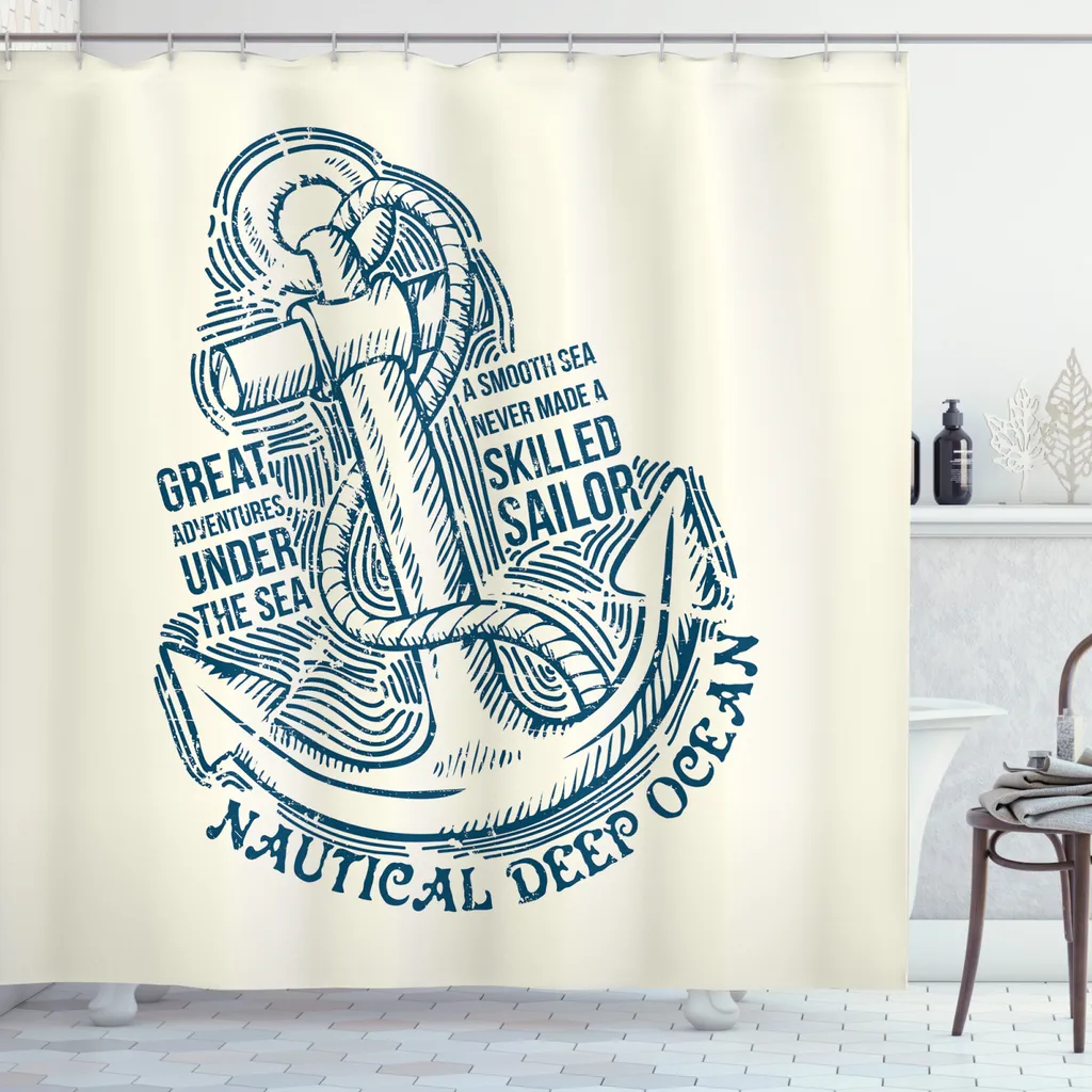 Tenda da Doccia Lusso ABAKUHAUS Vintage Nautical - Tessuto Crema Blu