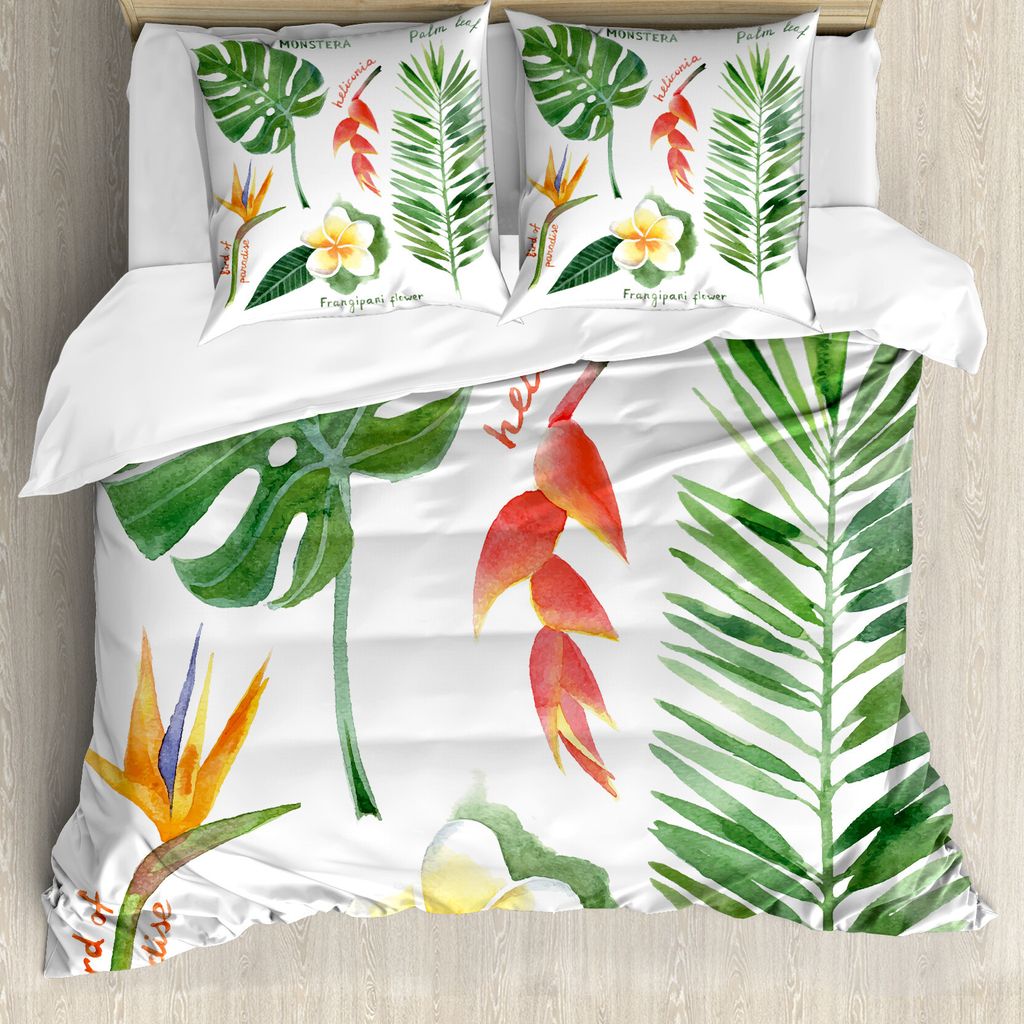ABAKUHAUS Pflanze Bettbezug, Tropical Flora, Milbensicher Allergiker geeignet mit Kissenbezügen, 155 cm x 220 cm - 80 x 80 cm, Erde Gelb Farn-Grün