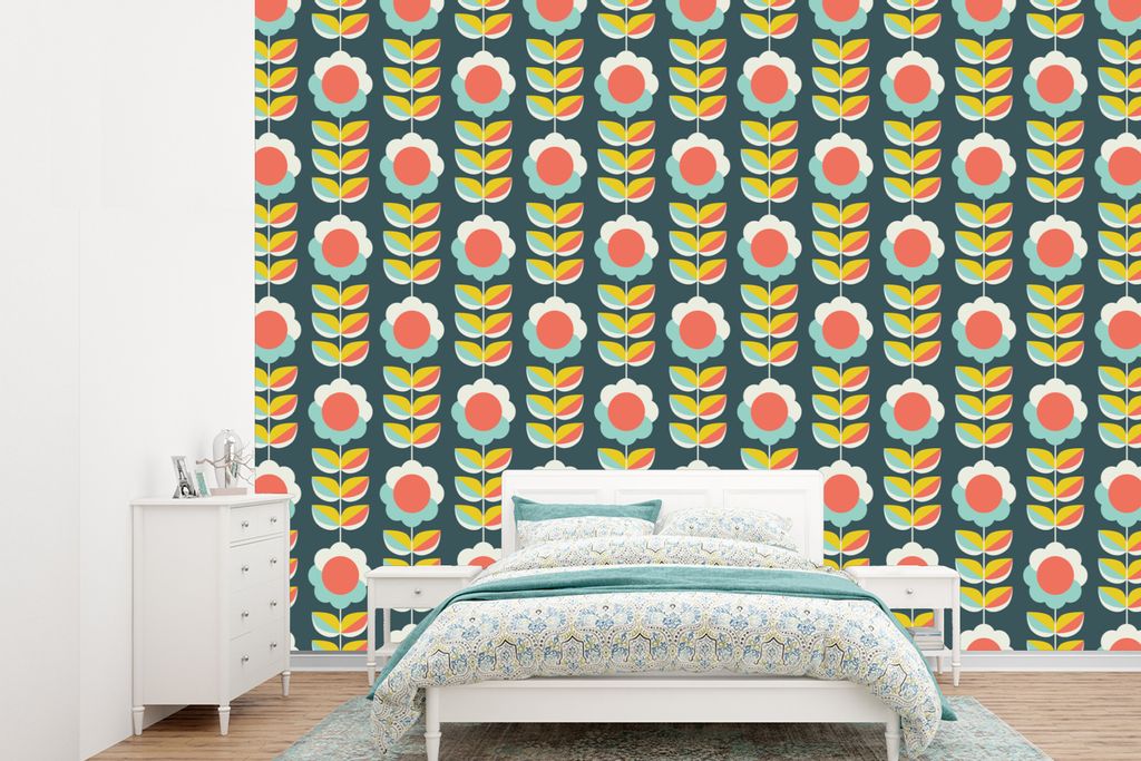 MuchoWow Fototapete für Wohnzimmer oder Schlafzimmer Wandtapete Vinyl Motivtapete Retro - Blumen - Skandinavisch - 305x220 cm - Wandbilder